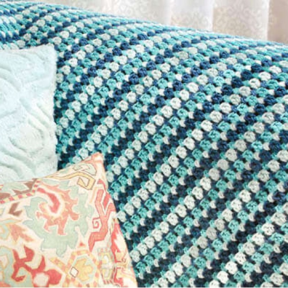 Handmade Crochet Blanket Throw Quilt Sea Glass Coastal Blue Aqua Green 56” X 54”